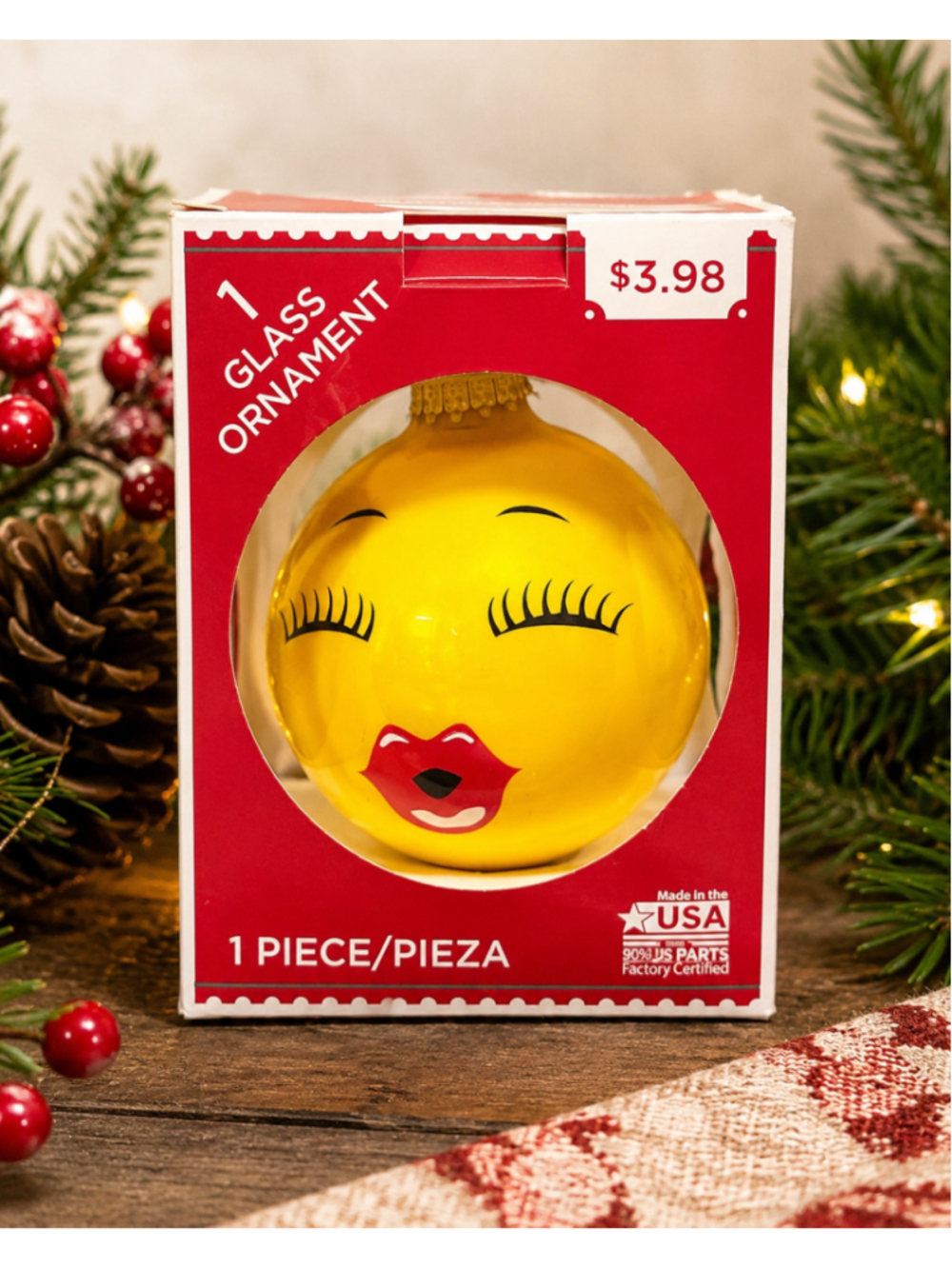 Hugs and Kisses Face Glass Christmas Ornament NIB Made in USA